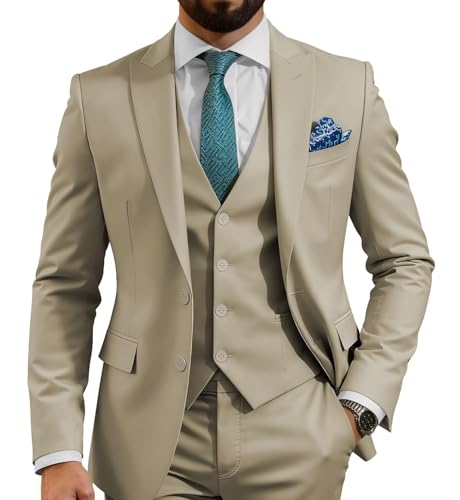 SHUZHXLZANGY Beige Suits for Men Slim Fit Wedding Suit 3 Piece